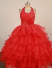 Exclusive Ball Gown Halter Top Floor-length Red Organza Beading Flower Gril dress Style FA-L-412