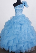 Exclusive Ball Gown One Shoulder Floor-length Light Blue Organza Beading Flower Girl Dress FA-L-221