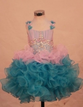 Exclusive Ball Gown Scoop Mini-length Teal Organza Beading Flower Gril dress Style FA-L-454