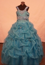 Exclusive Ball Gown Strap Floor-length Teal Beading Flower Gril dress Style FA-L-425