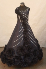 Exquisite Ball Gown Strap Floor-length Black Satin Beading Flower Gril dress Style FA-L-440
