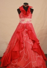 Fashionable Ball Gown Halter Top Floor-length Red Taffeta Beading Flower Gril dress Style FA-L-414