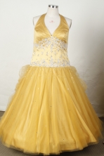 Fashionable Ball Gown Halter Top Neck Floor-Length Gold Appliques and Beading Flower Girl Dresses Y042432