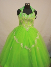 Fashionable Ball Gown Halter Top Neck Floor-Length Spring Green Beading and Appliques Flower Girl Y042431