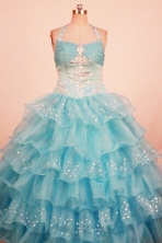 Lovely Ball Gown Halter Floor-Length Aqua Blue Organza Little Girl Pageant Dresses Style FA-Y-325