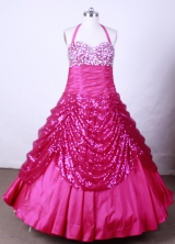 Lovely Ball Gown Halter Top Neck Floor-Length Fuchsia Beading Flower Girl Dresses Style FA-S-201