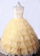 Lovely Ball Gown Halter Top Neck Floor-Length Gold Beading Flower Girl Dresses Style FA-S-200