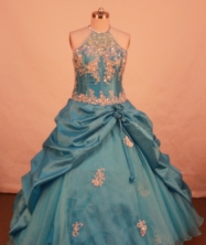 Lovely Ball Gown Halter Top Neck Floor-Length Light Blue Appliques and Beading Flower Girl Dresses Y042422