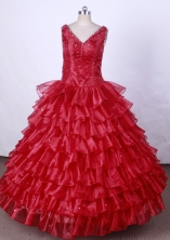 Luxurious Ball Gown V-Neck Floor-Length Hot Pink Beading Flower Girl Dresses Style FA-S-190