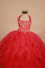Modest Ball gown Halter Top neck Floor-length Red Beading Flower Girl Dresses Style FA-C-254