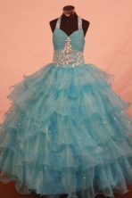 Perfect Ball Gown Halter Top Floor-length Aqua Blue Organza Appliques Flower Gril dress Style FA-L-4