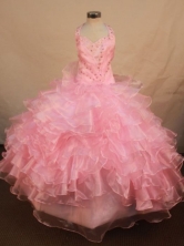 Perfect Ball Gown Halter Top Floor-length Baby Pink Organza Beading Flower Gril dress Style FA-L-419