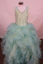 Perfect Ball Gown V-neck Floor-length Baby Blue Organza Beading Flower Gril dress Style FA-L-418