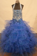 Popular Ball Gown Halter Top Neck Floor-Length Blue Beading and Applqiues Flower Girl Dresses Y042411