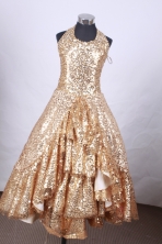Popular Ball Gown Halter Top Neck Floor-Length Gold Beading Flower Girl Dresses Style FA-S-189
