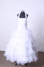 Popular Ball Gown Halter Top Neck Floor-Length White Beading Flower Girl Dresses Style FA-S-195