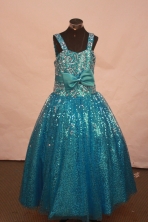 Popular Ball Gown Off The Shoulder Neckline Floor-Length Blue Beading Flower Girl Dresses Y042410