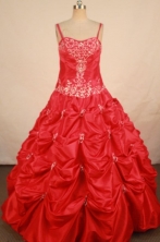 Popular Ball Gown Strap Floor-length Red Taffeta Appliques Flower Gril dress Style FA-L-420