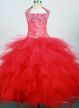 Pretty Ball Gown Halter Top Neck Floor-Length Hot Pink Beading Flower Girl Dresses Style FA-S-222