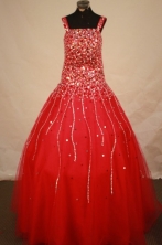 Romantic A-line Square Floor-length Red Beading Flower Girl Dresses Style FA-C-263