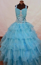 Romantic Ball Gown Strap Floor-length Aqua Blue Organza Beading Flower Girl dress Style FA-L-459