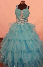 Romantic Ball Gown Strap Floor-length Aqua Blue Organza Beading Flower Gril dress Style FA-L-459