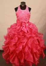 Sweet Ball Gown Halter Top Floor-length Red Organza Beading Flower Gril dress Style FA-L-438