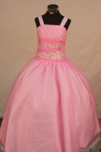 Sweet Ball Gown Strap Floor-length Baby Pink Taffeta Beading Flower Gril dress Style FA-L-431