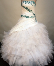  Elegant ball gown strapless floor-length organza white appliques with green quinceanera dresses FA-X-101