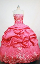 Lovely  ball gown strapless floor-length  embroidery coral red taffeta quinceanera dress FA-X-058