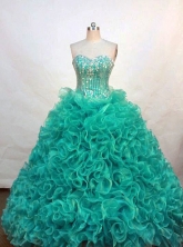 Luxurious ball gown sweetheart-neck floor-length turquoise organza beading quinceanera dresses with rolling flowers FA-X-054