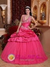 2013 Queretaro Mexico Hot Pink Romantic Quinceanera Dress With Appliques Decorate Halter Top Neckline for Sweet 16 Style QDZY608FOR