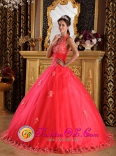 Lampa Chile Gorgeous Tulle Ball Gown Coral Red Halter  2013 Quinceanera Gowns With  Appliques Style QDZY141FOR