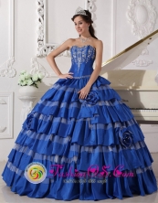 Merida Mexico Sweetheart For Blue Stylish Spring Quinceanera Dress With Ruffles Layered and Embroidery Style QDZY478FOR 