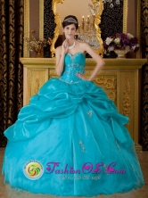 Tecamac Mexico Appliques Decorate Teal Quinceanera Dress For 2013 With Hand Made Flower and Pick-ups Style QDZY153FOR