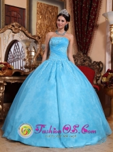 Tepatitlan Mexico Wholesale Beaded Appliques Aqua Blue 2013 Quinceanera Dress Strapless Organza Ball Gown Style QDZY046FOR  