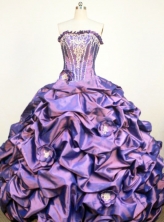 Classical Ball Gown Strapless Floor-Lengtrh Purple Appliques and Hand Flower Quinceanera Dresses Style FA-S-192