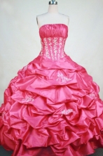 Modest Ball Gown Strapless Floor-length Pink Taffeta Appliques Quinceanera dress Style FA-L-382