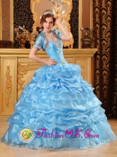 Aqua Blue Wholesale Layered Pick-ups Quinceanera Dress For 2013 Sweetheart Gowns With Jacket Appliques Decorate In Puerto Pinasco Paraguay Style QDZY078FOR