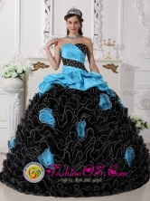 Beaded Decorate and Hand Made Flowers Customize  Wholesale Black and Aque Blue Ruffles Quinceanera Gowns For Sweet 16 In Fernheim Colony Paraguay  Style QDZY748FOR
