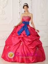Customize Coral Red Strapless For Quinceanera Dress With Beading Appliques and blue Bowknot In Menno Paraguay Style QDZY388FOR  