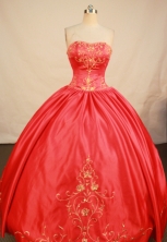 Elegant Ball Gown Strapless Floor-length Red Satin Embroidery Quinceanera Dress Style FA-L-193
