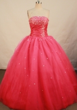 Fashionable Ball Gown Strapless Floor-length Red Organza Beading Quinceanera Dress Style FA-L-145