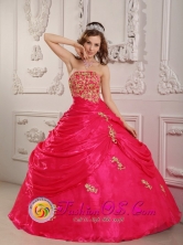 Hot Pink Appliques Decorate Strapless Layered Ruching Ball Gown for 2013 Quinceanera In Aregua Paraguay Style QDZY081FOR 