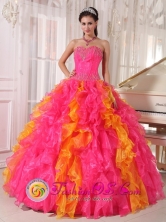 Organza Orange Red and Hot Pink  Wholesale 2013 Quinceanera Dress with Ruffles Beaded Decorate For Sweet 16 In Menno Colony Paraguay Style PDZY710FOR  
