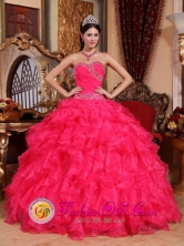 Ruffled Organza Wholesale Beaded Coral Red Ball Gown Sweetheart for 2013 Quinceanera In numi Paraguay Style QDZY032FOR 