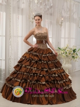 2013 Quinceanera Dress Modest Brown In Georgia Sweetheart Taffeta and  Leopard or zebra Ruffles Ball Gown IN  Maniwatla Nicaragua  Style QDZY373FOR