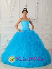 2013 Spring Teal Quinceanera Dress Sweetheart Satin and Organza With Beading Small Ruffles in   El Castillo Nicaragua  Style QDZY021FOR