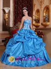 Gorgeous Sky Blue Ball Gown Pick-ups Sweet 16 Dress With Appliques Decorate Bust Taffeta for Military Ball  in   Juigalpa Nicaragua  Style QDZY607FOR