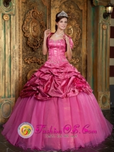 Hot Pink Taffeta and Organza  Quinceanera Dress With  Appliques  Pick -ups and Jacket in   Esteli Nicaragua  Style QDZY159FOR